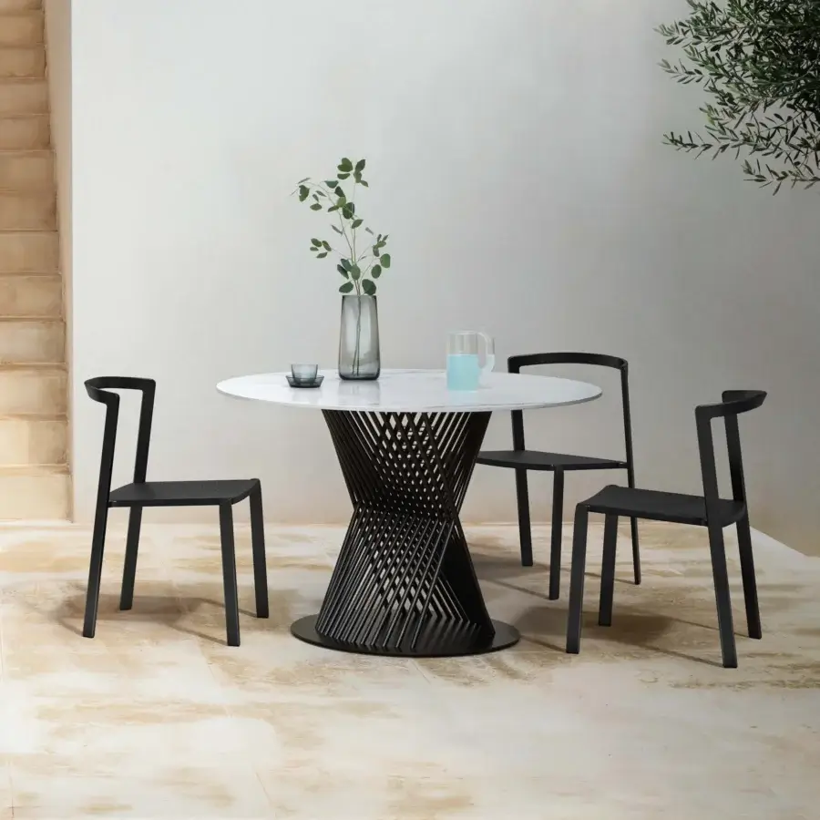 Superior MY YOUR Push table with stoneware ceramic tabletop and dark matte-finished flared aluminum base