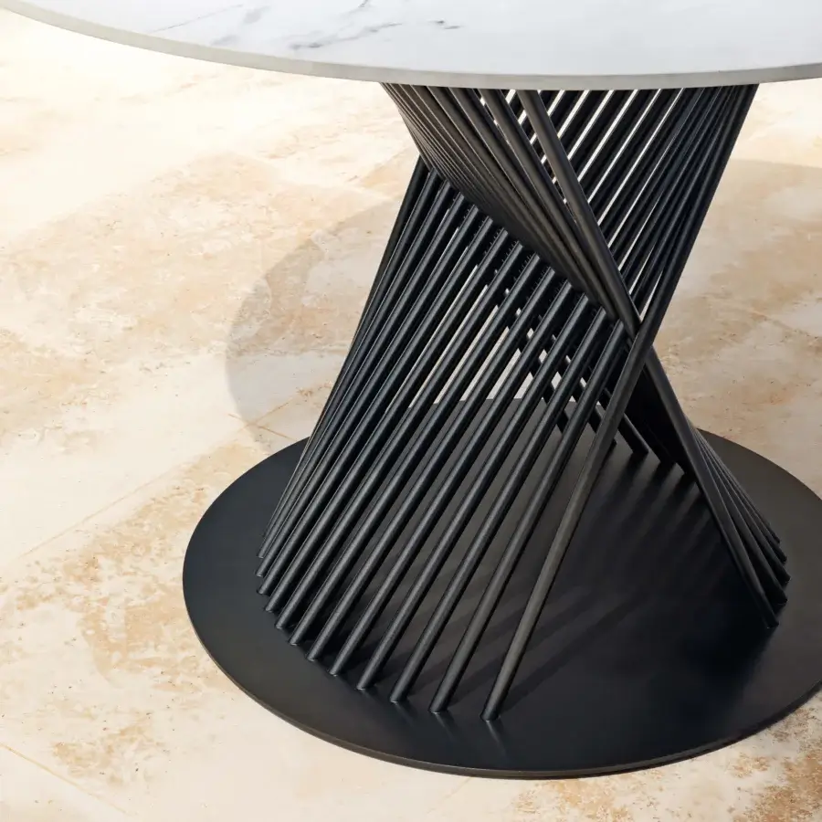 Distinguished MY YOUR Push table with a stoneware ceramic tabletop and matte black aluminum hourglass base