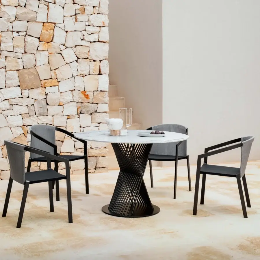 Elegant MY YOUR Push table with refined stoneware ceramic tabletop and architectural matte black aluminum base