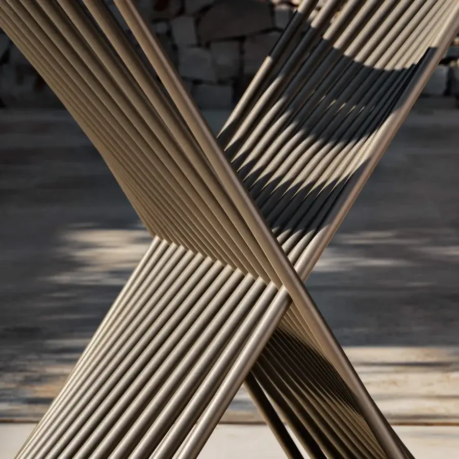 Distinguished MY YOUR Push table with angular metal rods crafted in aluminum and a smooth satin finish