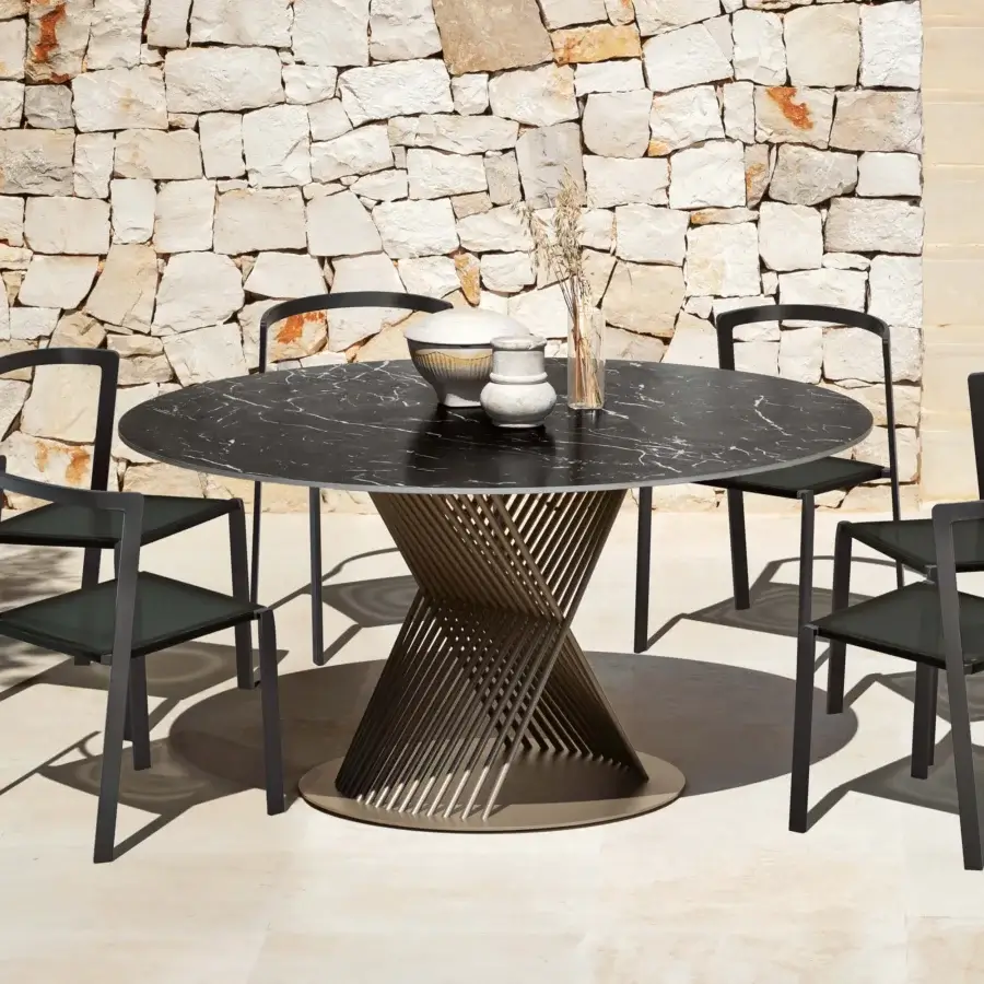 Exceptional MY YOUR Push table with a conical aluminum base and polished glossy stoneware ceramic tabletop with white veining