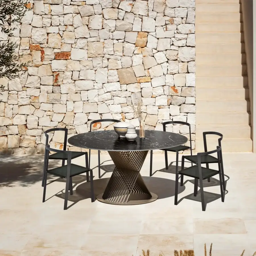 Elegant MY YOUR Push table with dark veined stoneware ceramic and uniquely textured aluminum construction