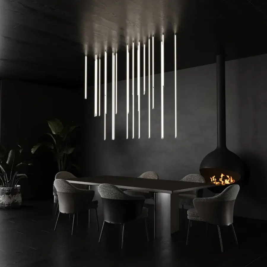 Distinguished Stillux Line 7 suspension lamp with nine vertical cylinders crafted in a matte metallic finish and warm white glow