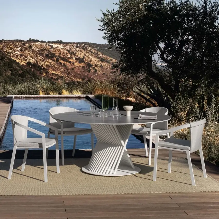 Exceptional MY YOUR Push table with sculpted fluted aluminum base and refined white stoneware ceramic tabletop