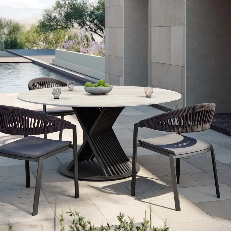 Distinguished MY YOUR Push table with light gray stoneware ceramic tabletop and matte black aluminum pedestal base
