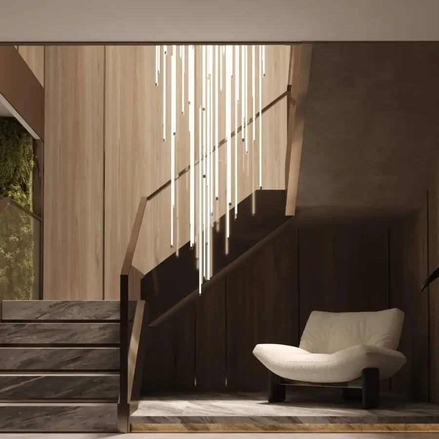 Superior Stillux Line 8 suspension lamp built with vertical LED tubes and a refined matte finish