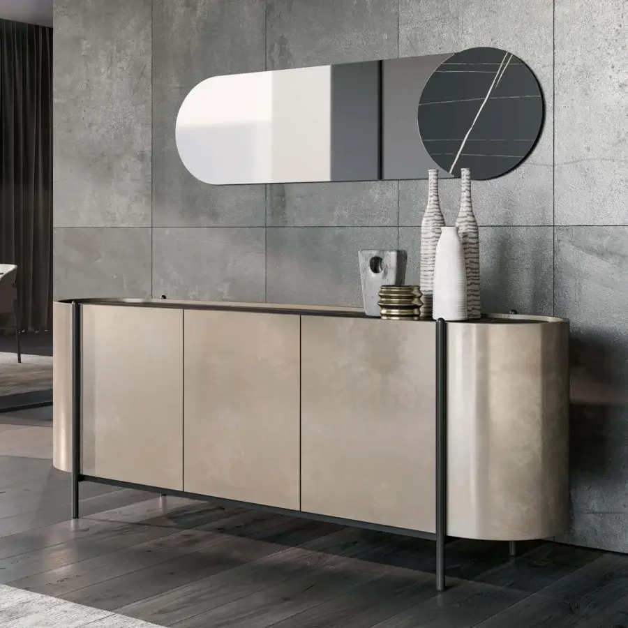 Distinguished Dallagnese Supernova sideboard crafted from textured wood with a stoneware top and dark gray tapered metal legs