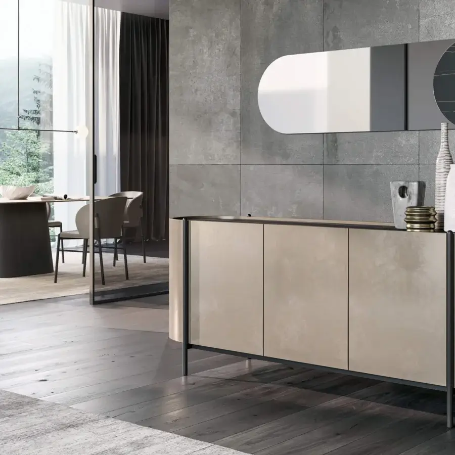 Exceptional Dallagnese Supernova sideboard with rounded wood frame, tapered metal legs and a textured interior in warm beige-grey finish