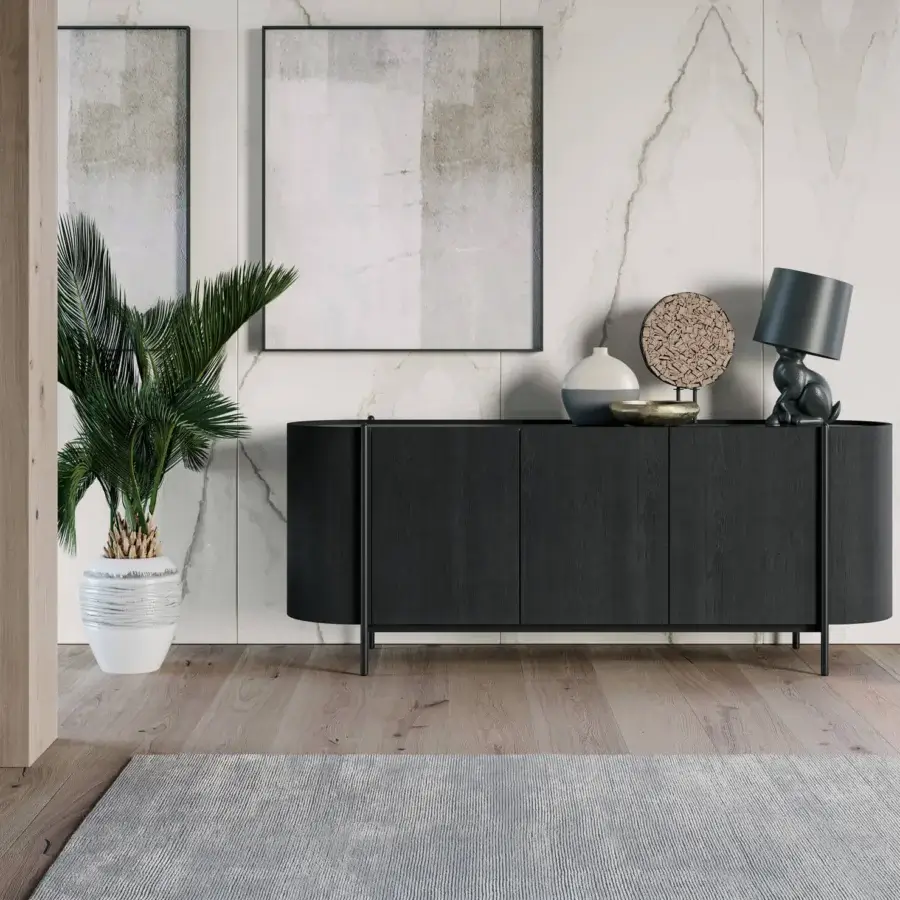 Elegant Dallagnese Supernova sideboard with curved wood form, tapered metal legs and dark gray finish