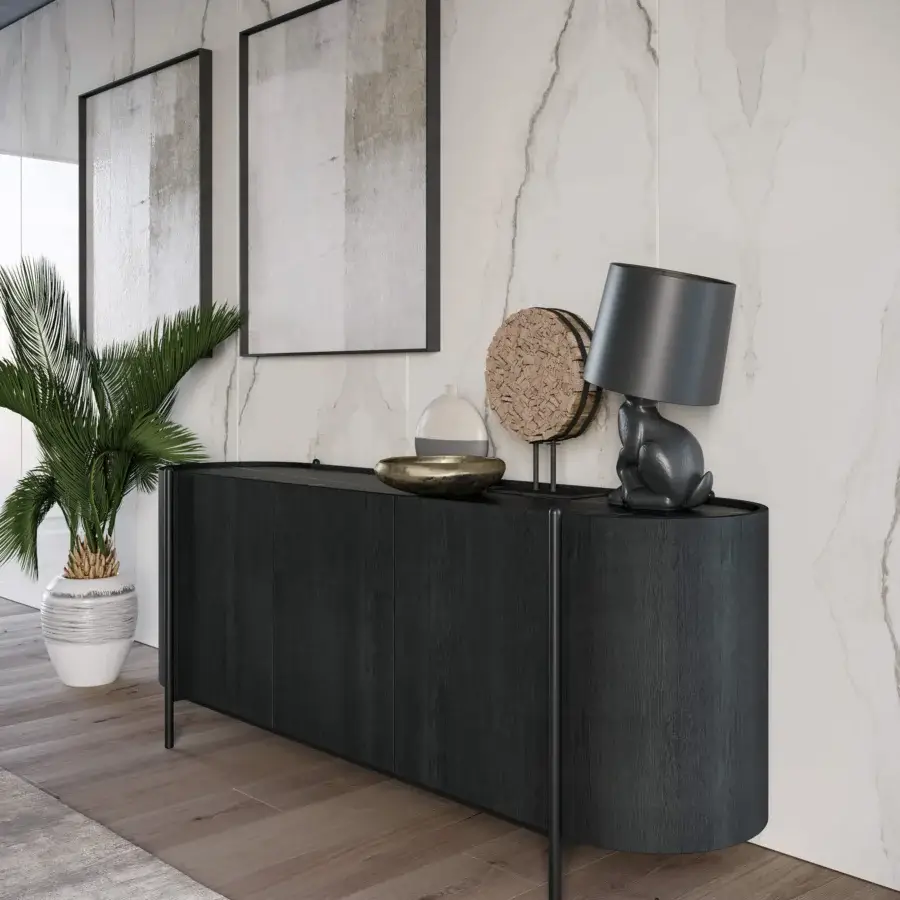 Superior Dallagnese Supernova sideboard crafted from wood with dark gray matte finish and slender metal legs