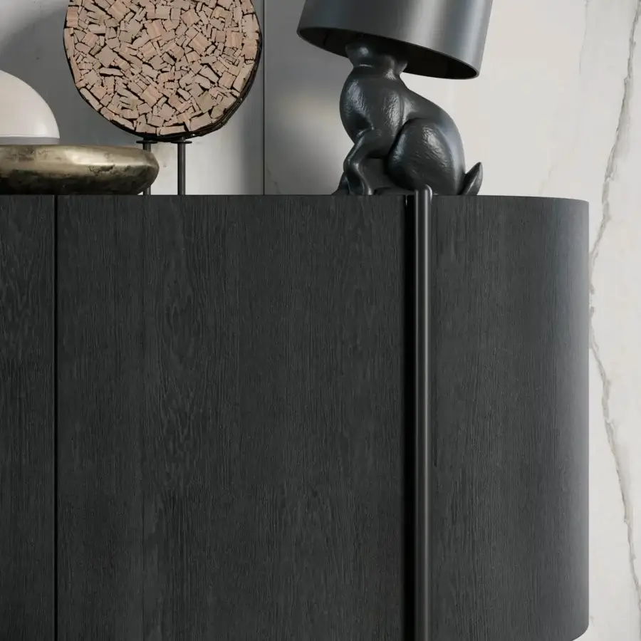 Distinguished Dallagnese Supernova sideboard with gently rounded dark gray wood form and elegantly tapered metal legs in matte finish