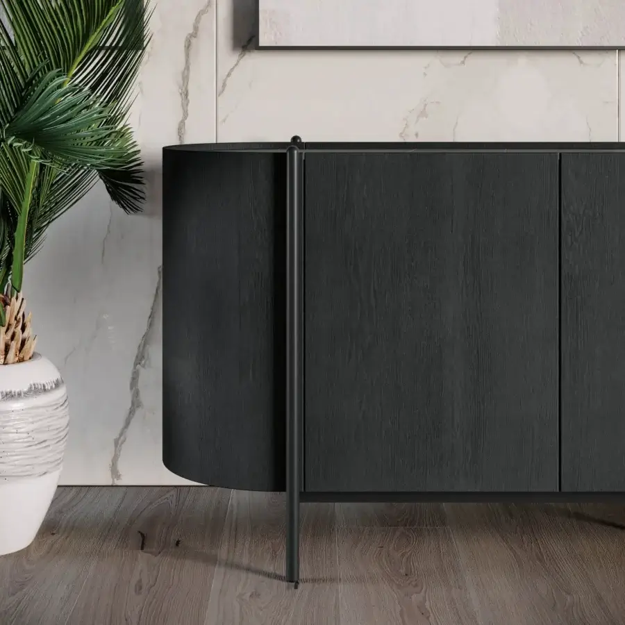 Exceptional Dallagnese Supernova sideboard with gently rounded dark gray wood and tapered metal legs in matte finish