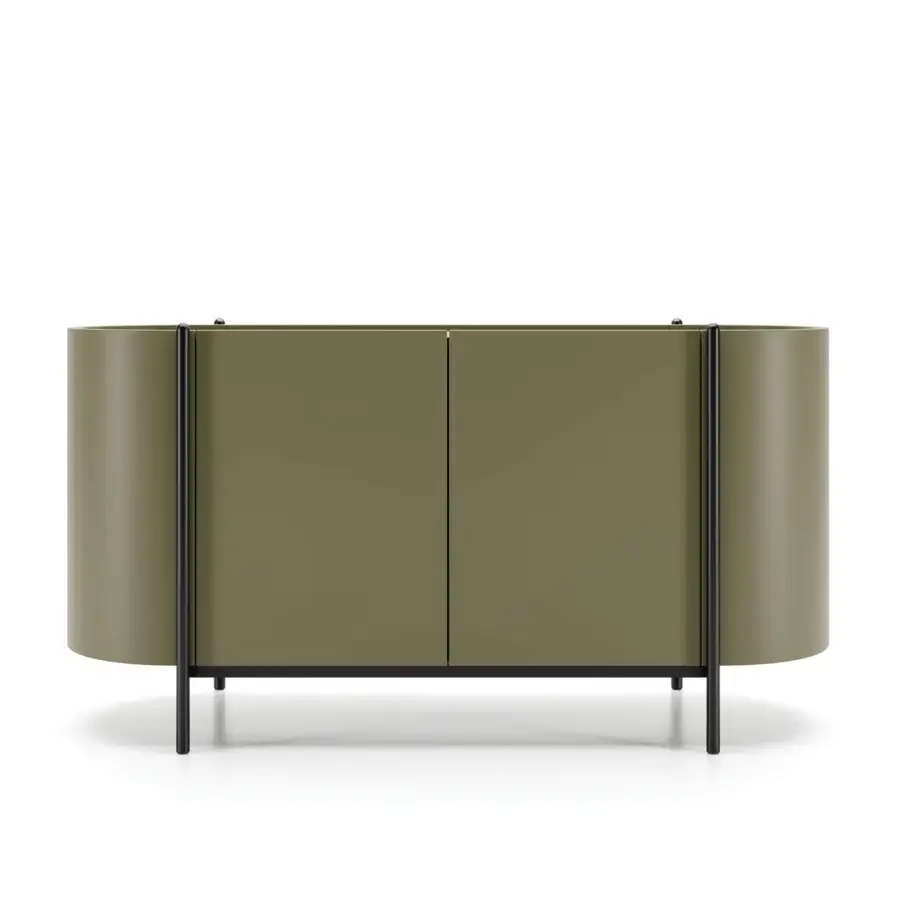 Distinguished Dallagnese Supernova sideboard with rounded wood form, olive-green finish and textured interior built with slender metal legs