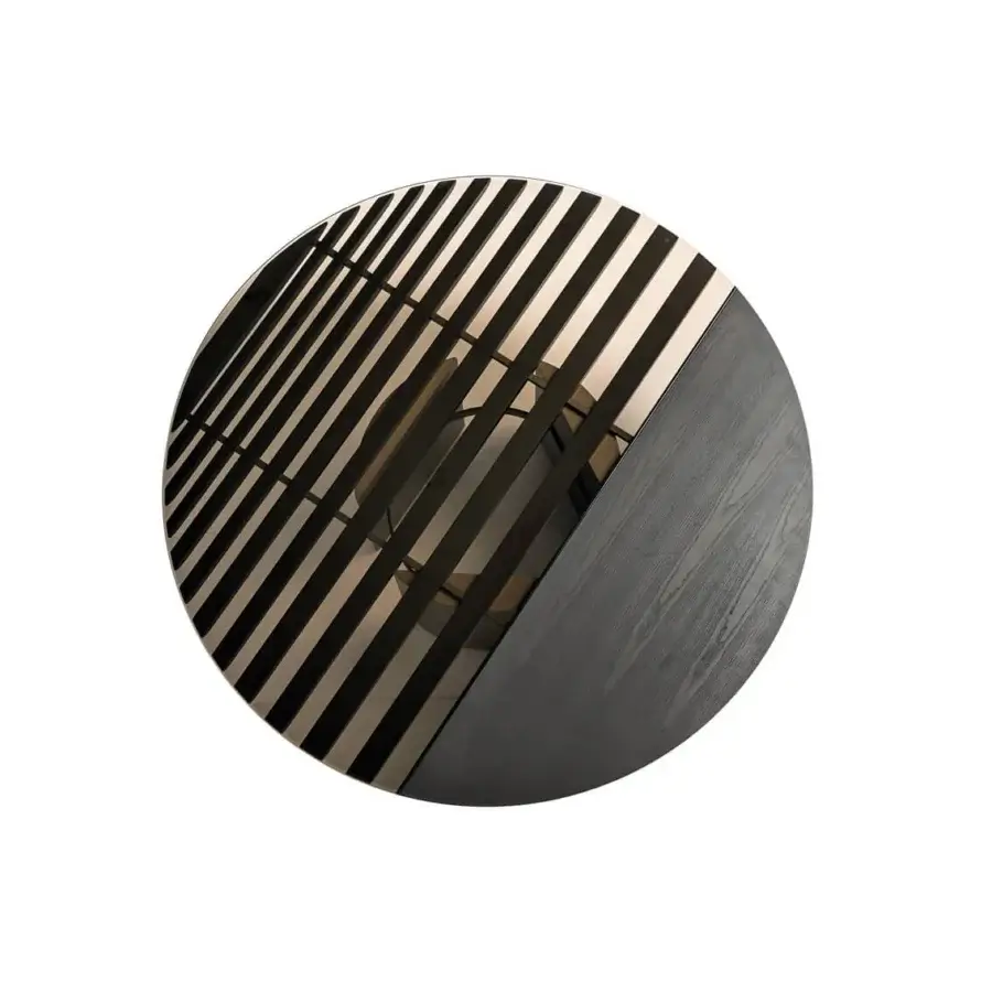 Exceptional Shake Tal table with a round top crafted from blockboard, solid ash wood, and polished-edge tempered glass in a dark gray-brown finish