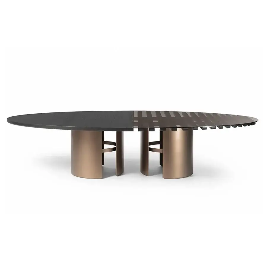 Elegant Shake Tal table with a round top blending blockboard, ash wood, and polished-edge tempered glass with varnished steel bases in a bronze finish