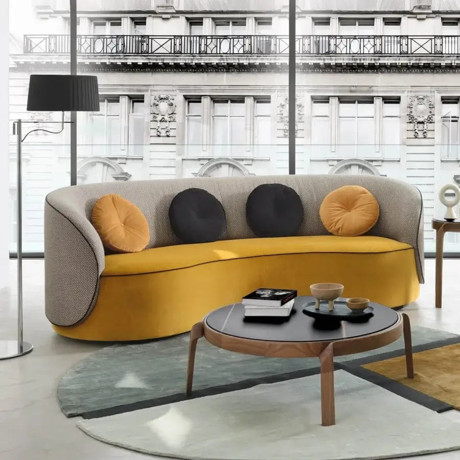 Exceptional CTS Salotti Fusion sofa with muted gray textile upholstery, vibrant mustard yellow base and black burnt orange cushions