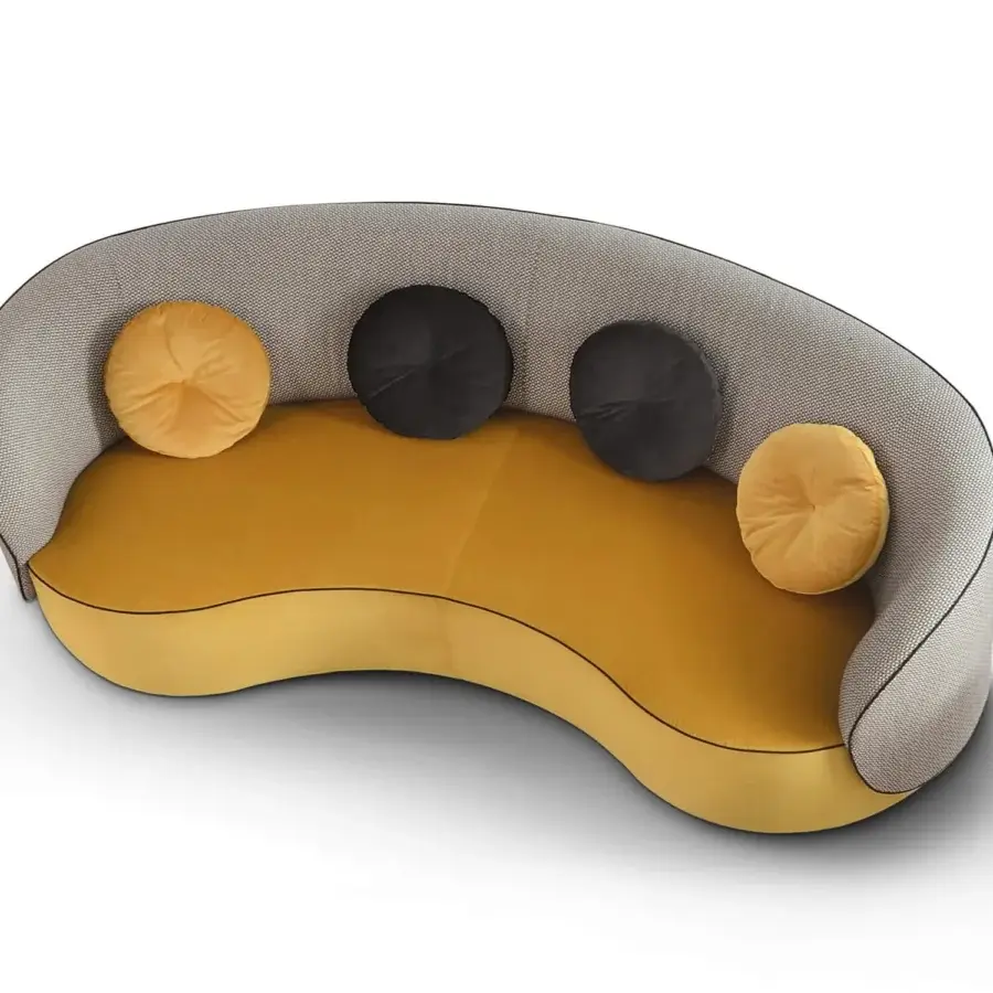 Superior CTS Salotti Fusion sofa with vibrant yellow textile upholstery, woven gray shell, smooth matte finish and included circular cushions
