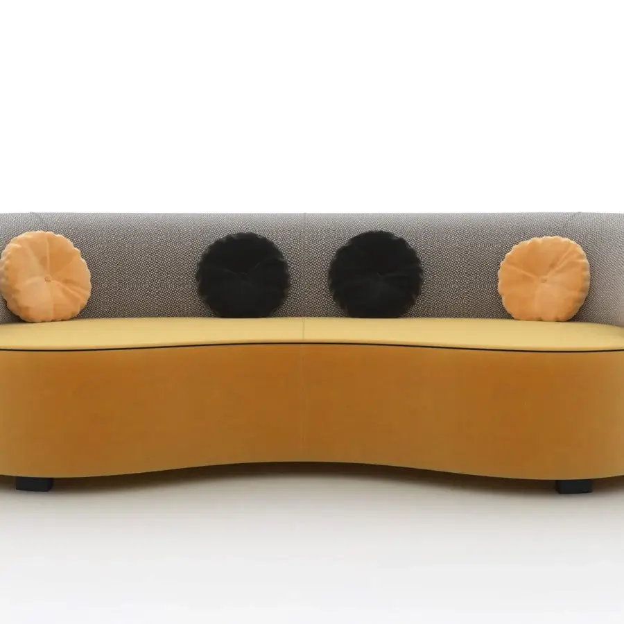 Distinguished CTS Salotti Fusion sofa with vibrant yellow and textured gray textile upholstery, delicate rounded details, matte finish