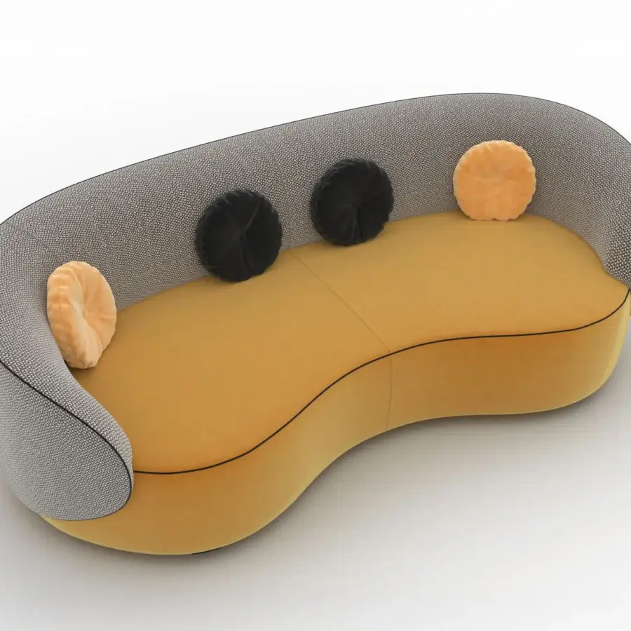 Exceptional CTS Salotti Fusion sofa with textured gray textile exterior, smooth matte mustard yellow seat and circular accent cushions