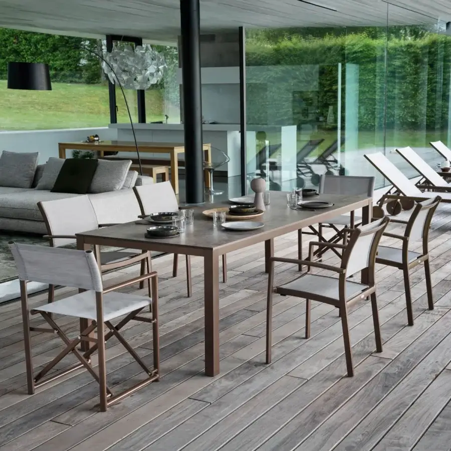 Superior Varaschin Victor table crafted in metal with a muted grayish-brown matte finish and rectangular silhouette