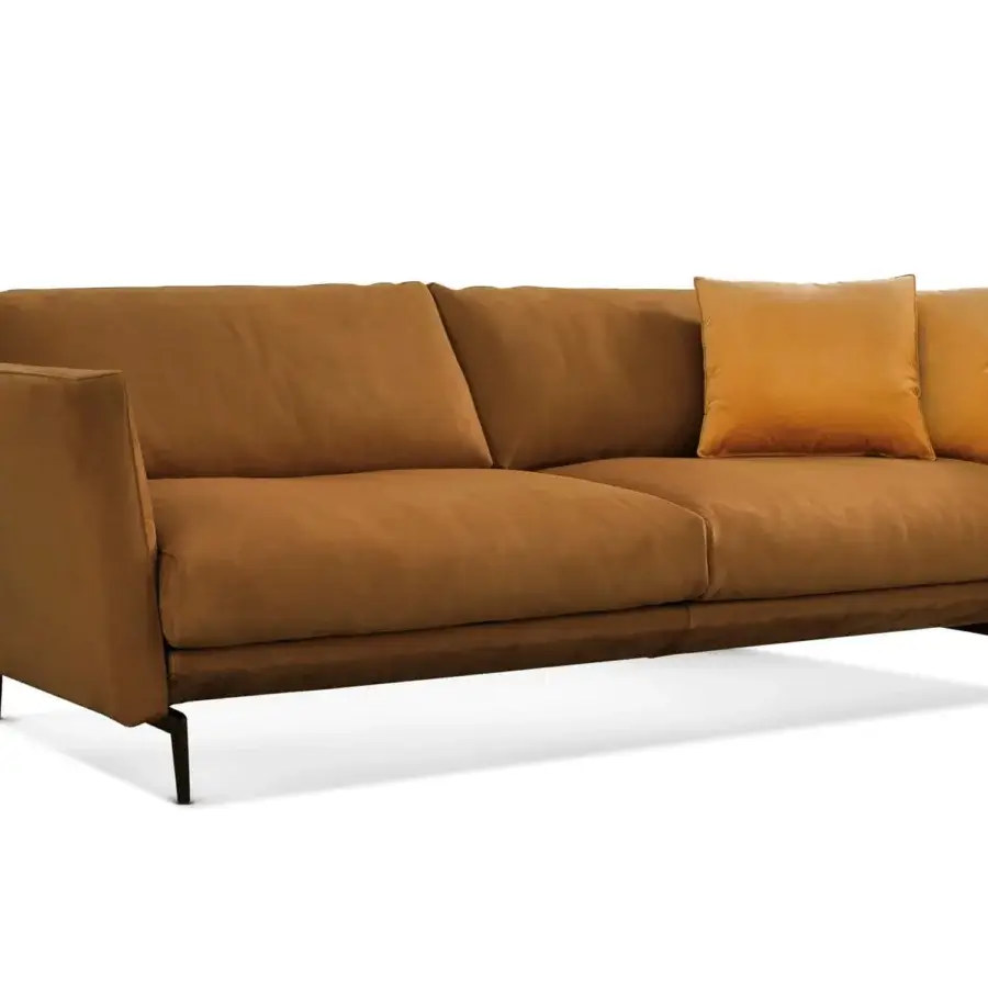 Distinguished CTS Salotti Urban sofa upholstered in warm brown textile with sleek aluminum feet and down feather padding, exhibiting a matte finish