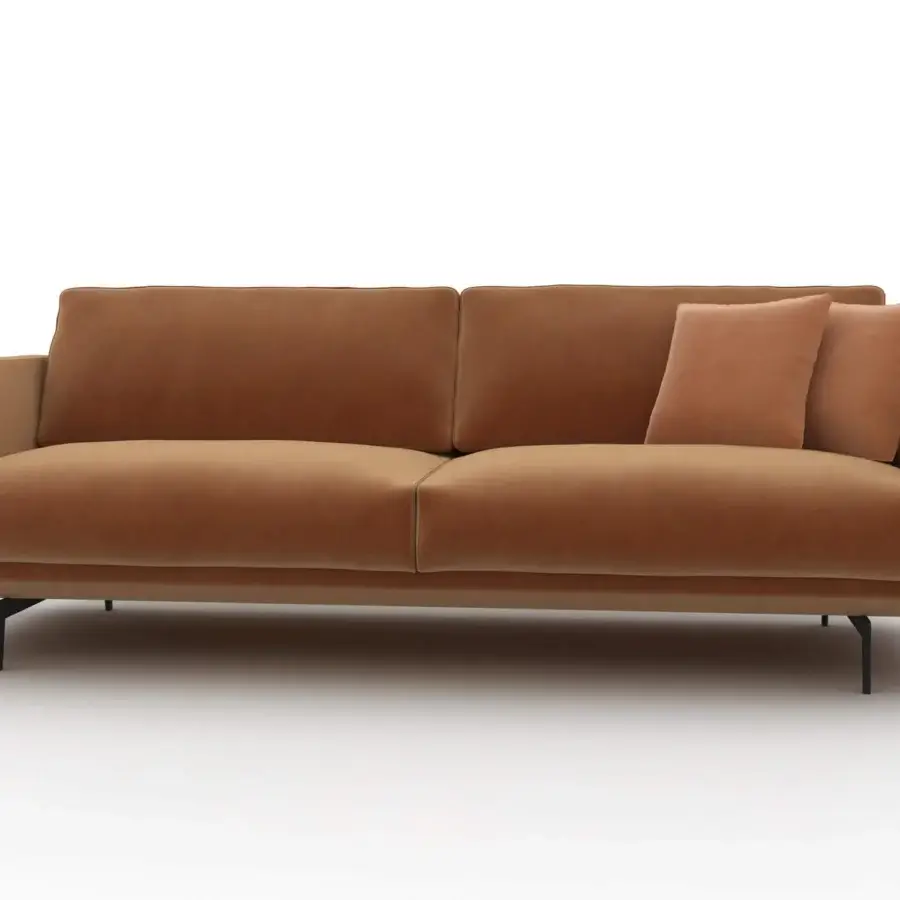 Superior CTS Salotti Urban sofa upholstered in subtly textured orange-brown textile with sleek black tapered aluminum legs