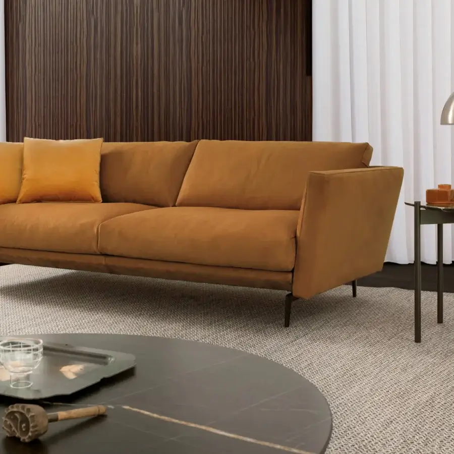 Elegant CTS Salotti Urban sofa upholstered in textured medium-toned brown textile with dark aluminum feet and rounded edges