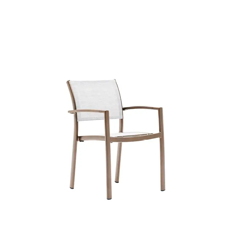Distinguished Varaschin Victor armchair with light bronze metal and durable light beige woven textile construction