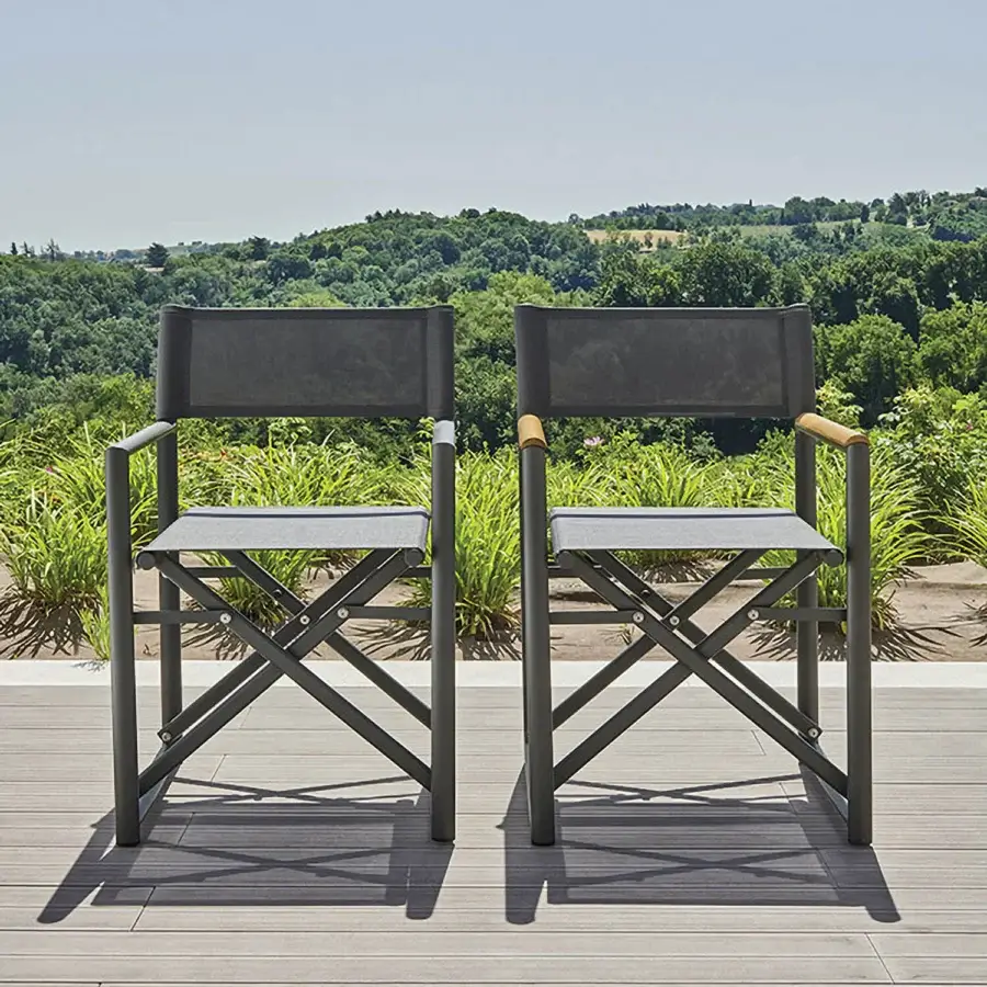 Distinguished Varaschin Victor director’s armchair in quilted gray fabric with a matte dark gray metal frame and refined teak wood armrests