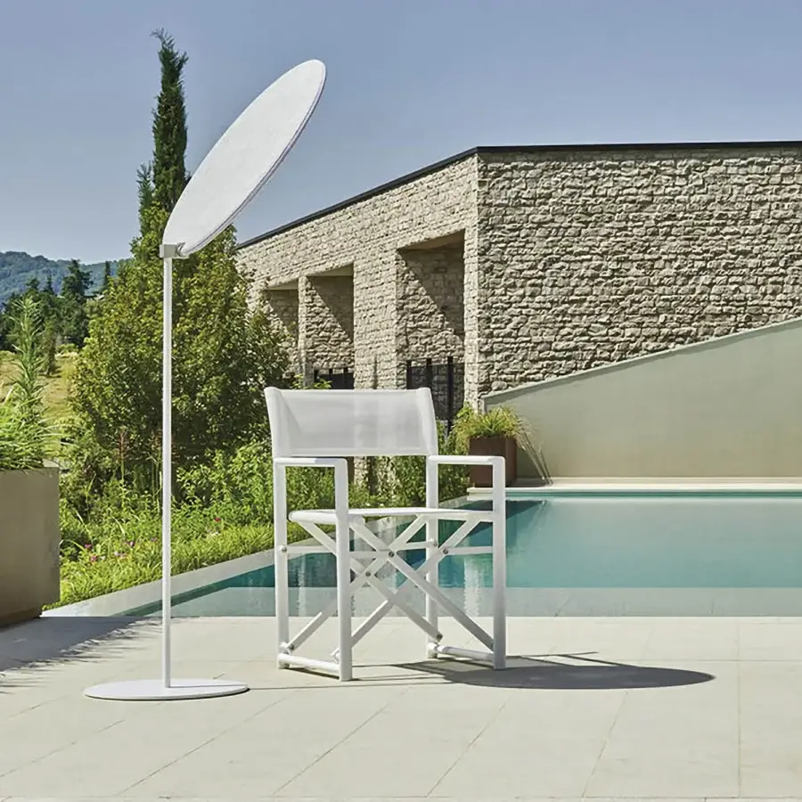 Sophisticated Varaschin Victor director’s armchair with quilted fabric, sleek white metal and a smooth matte finish