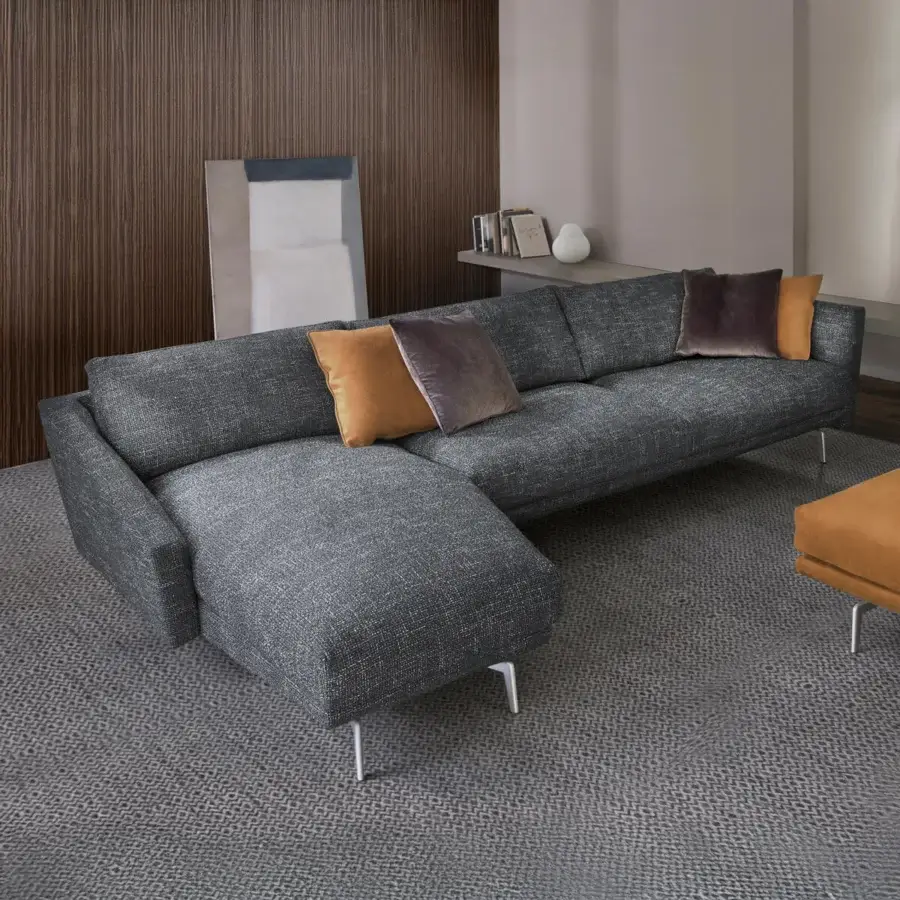 Elegant CTS Salotti Urban sectional with textured dark gray fabric and silver finish aluminum legs