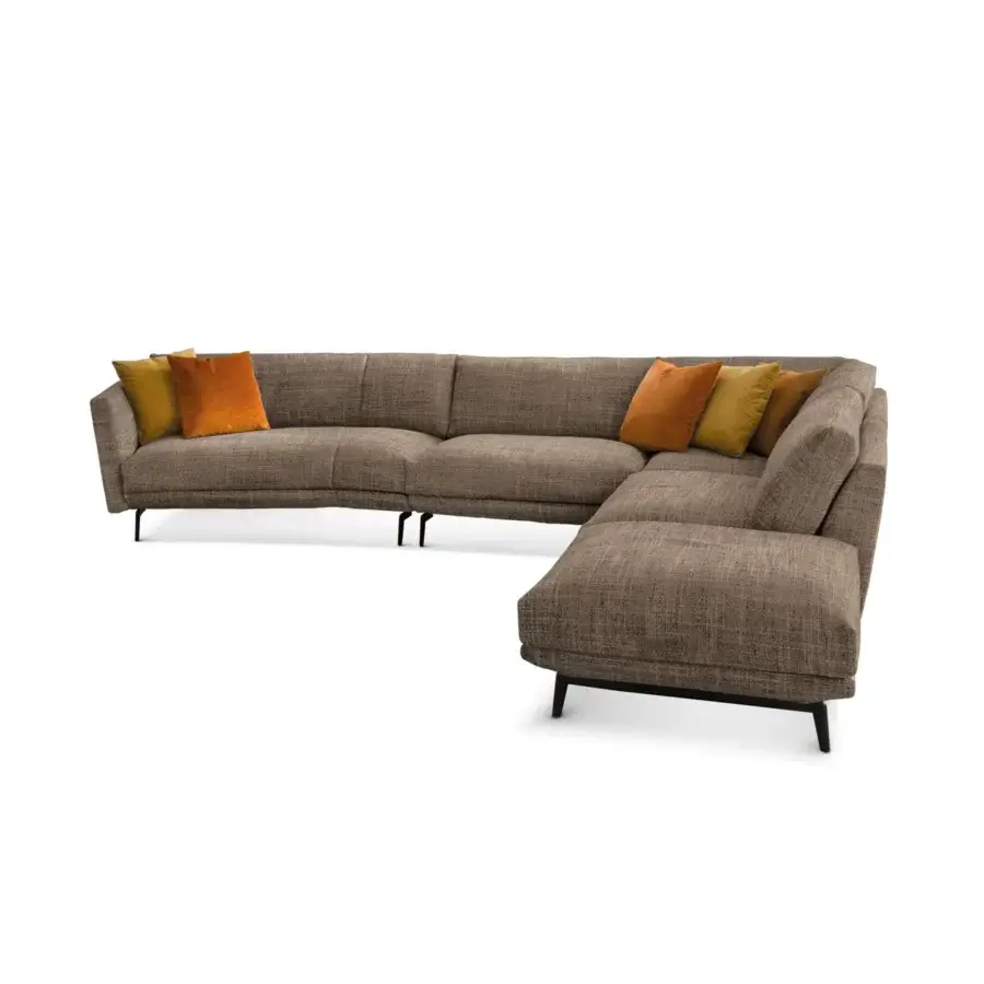 Distinguished CTS Salotti Urban sectional with brownish-grey textured textile, aluminum feet and vibrant orange, olive cushions