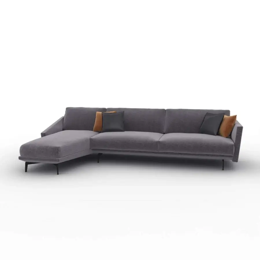 Exceptional CTS Salotti Urban sectional with medium gray woven fabric, sleek aluminum feet and cushions in black and orange-brown hues