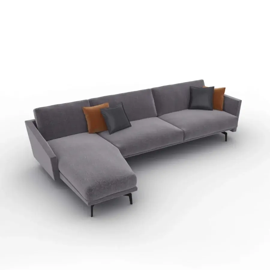 Sophisticated CTS Salotti Urban sectional with medium gray woven fabric, aluminum feet and muted orange accents