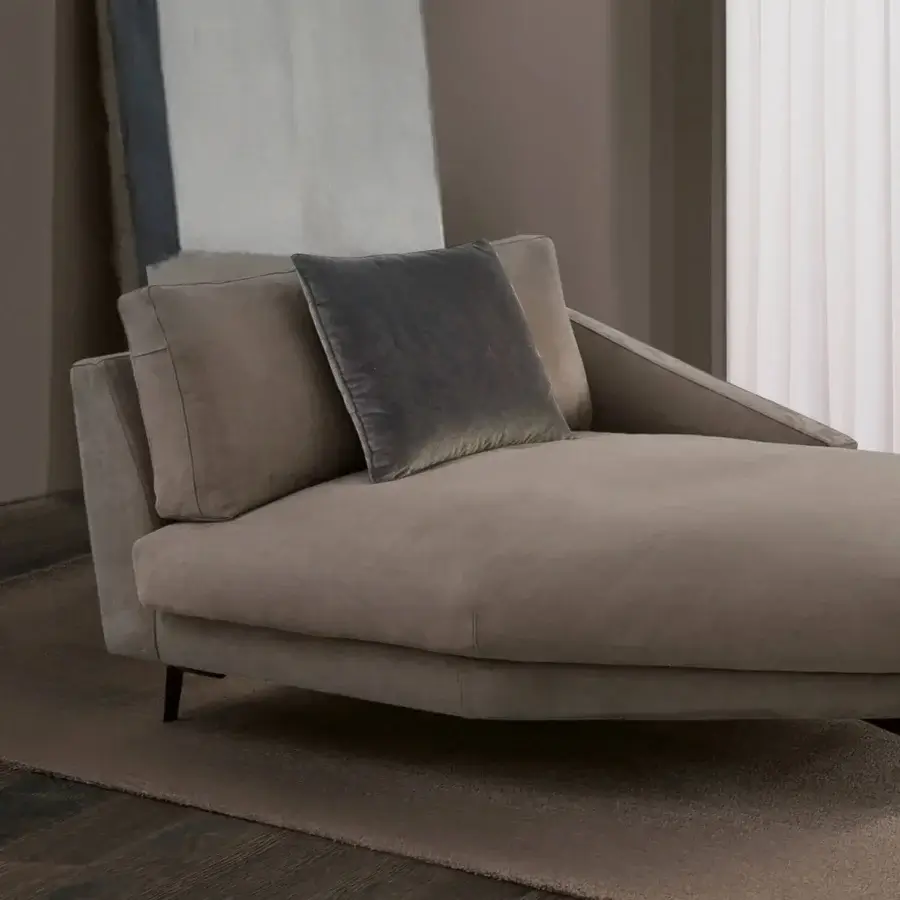 Superior CTS Salotti Urban chaise lounge with soft taupe textile upholstery and sleek aluminum base construction