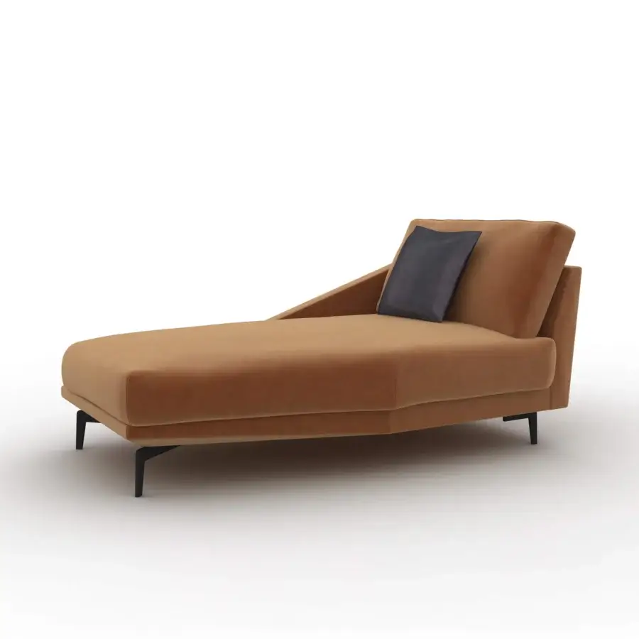 Distinguished CTS Salotti Urban chaise lounge with textured orange-brown fabric upholstery and dark gray-blue cushion built on tapered aluminum legs