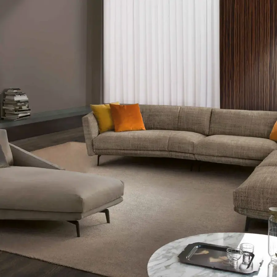 Superior CTS Salotti Urban chaise lounge with neutral taupe fabric upholstery and sleek dark aluminum legs