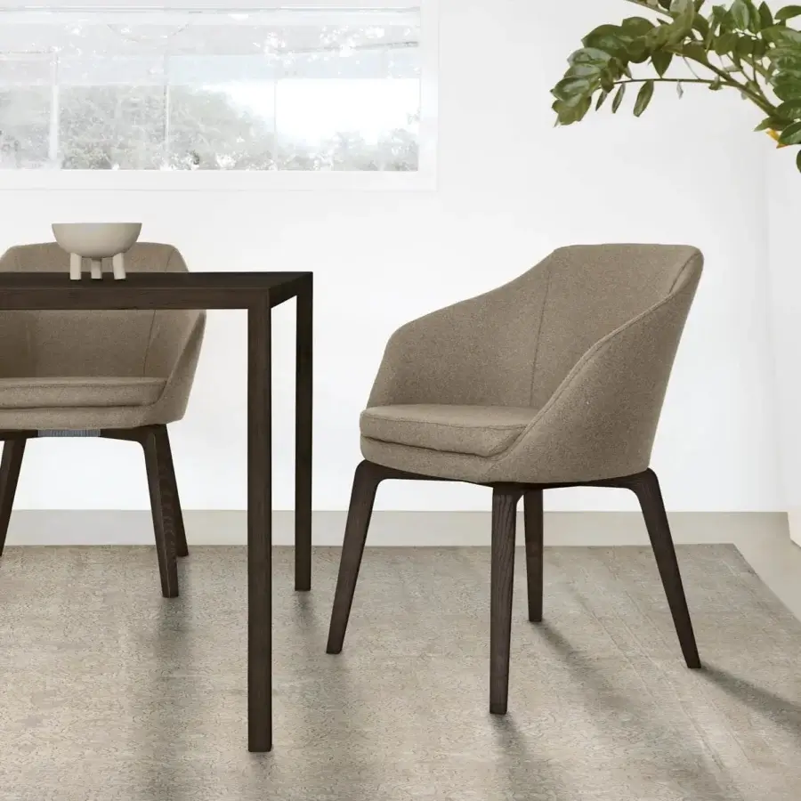 Exceptional CTS Salotti Anna armchair crafted in Italy with natural stained ash wood and luxurious neutral beige-grey textured fabric upholstery