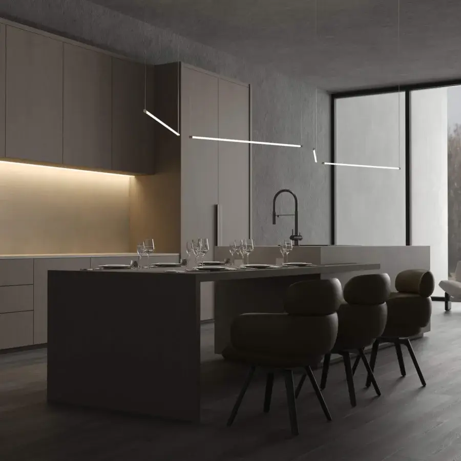 Refined Stillux Line 10 suspension lamp with four linear LED tubes and matte dark gray-brown finish