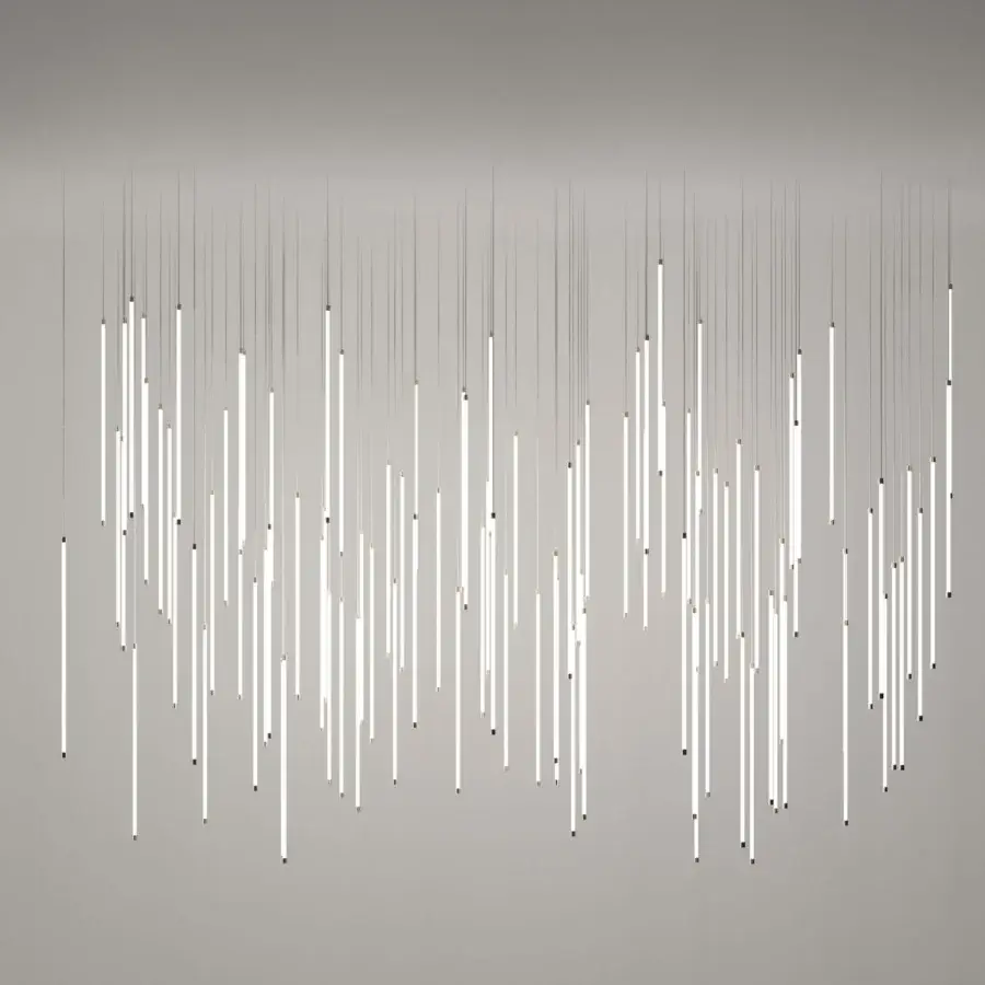 Architectural Stillux Line 12 suspension lamp with translucent tubes and sleek silver-toned exterior crafted in Italy