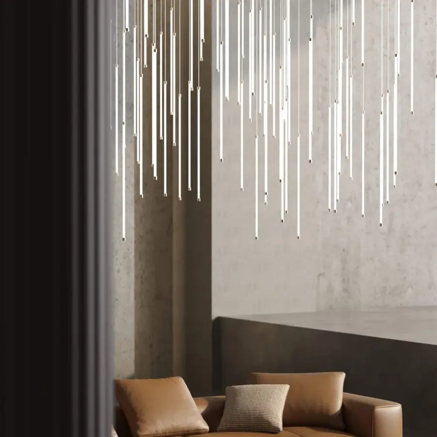 Distinguished Stillux The Line 12 suspension lamp with 100 vertical C75 9W LED tubes and warm golden-brown finish