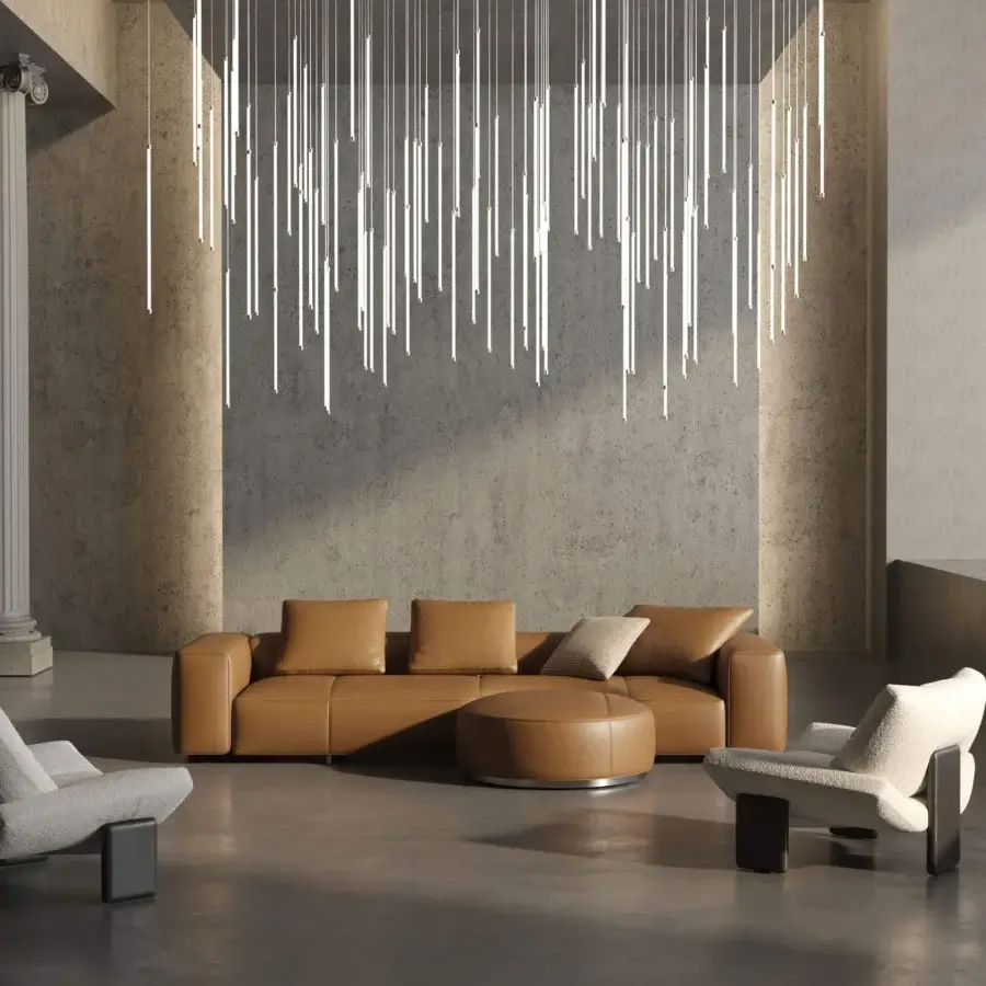 Architectural Stillux The Line 12 suspension lamp with 100 vertical C75 9W LED tubes and exclusive finishes casting a 3000K glow