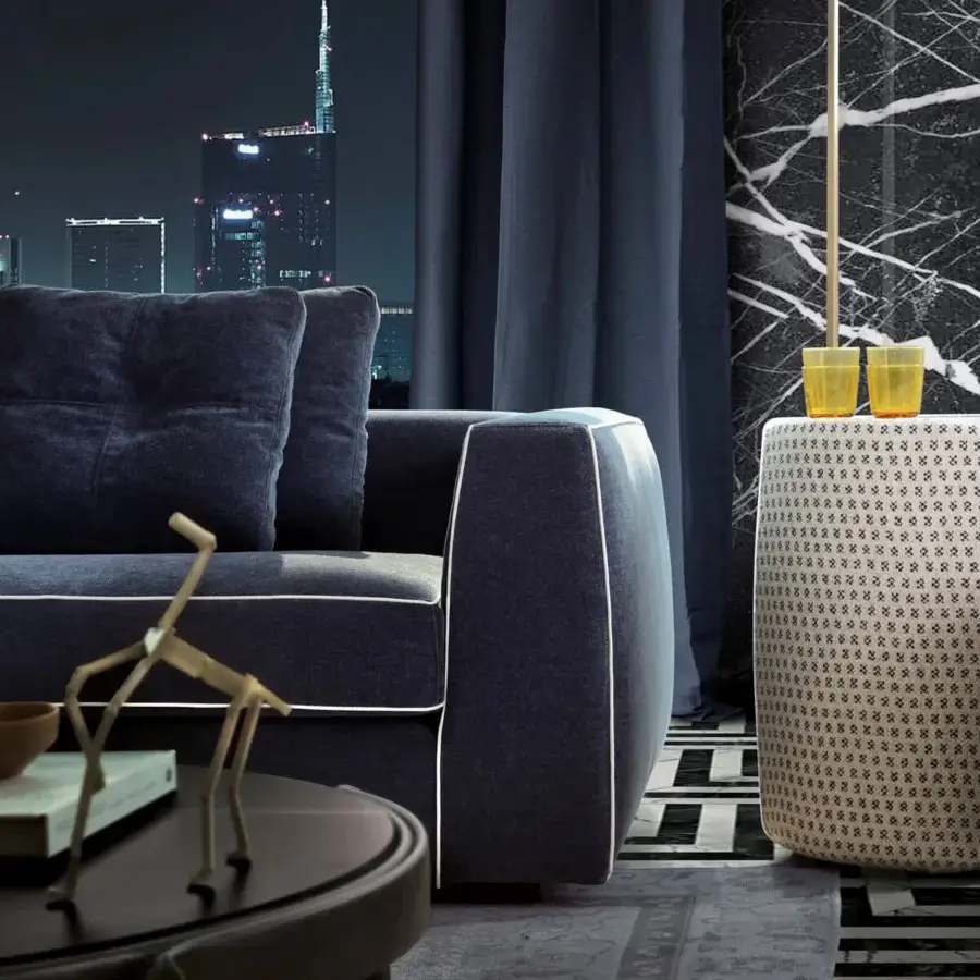 Superior CTS Salotti Clay sofa with textured dark navy blue fabric upholstery, beech base and lighter blue cushions