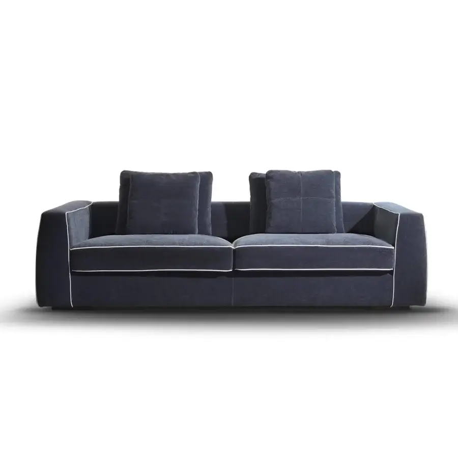 Refined CTS Salotti Clay sofa with dark navy blue woven fabric upholstery, white piping and stained beech base
