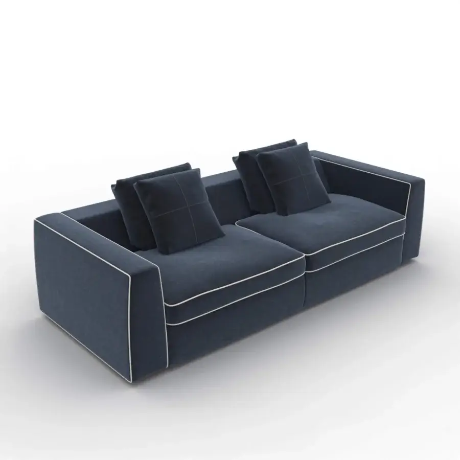 Exceptional CTS Salotti Clay sofa with deep blue woven fabric upholstery and stained beech base