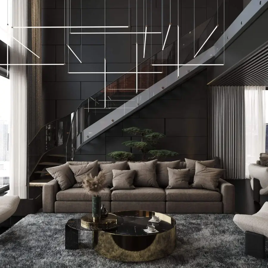 Architectural Stillux The Line 13 suspension lamp with horizontal and vertical LED tubes in a muted gray tone and matte finish