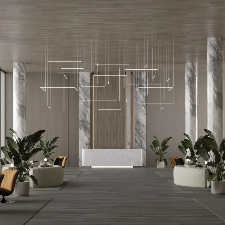 Architectural Stillux The Line 14 suspension lamp with interconnected LED tubes delivering evenly diffused warm lighting