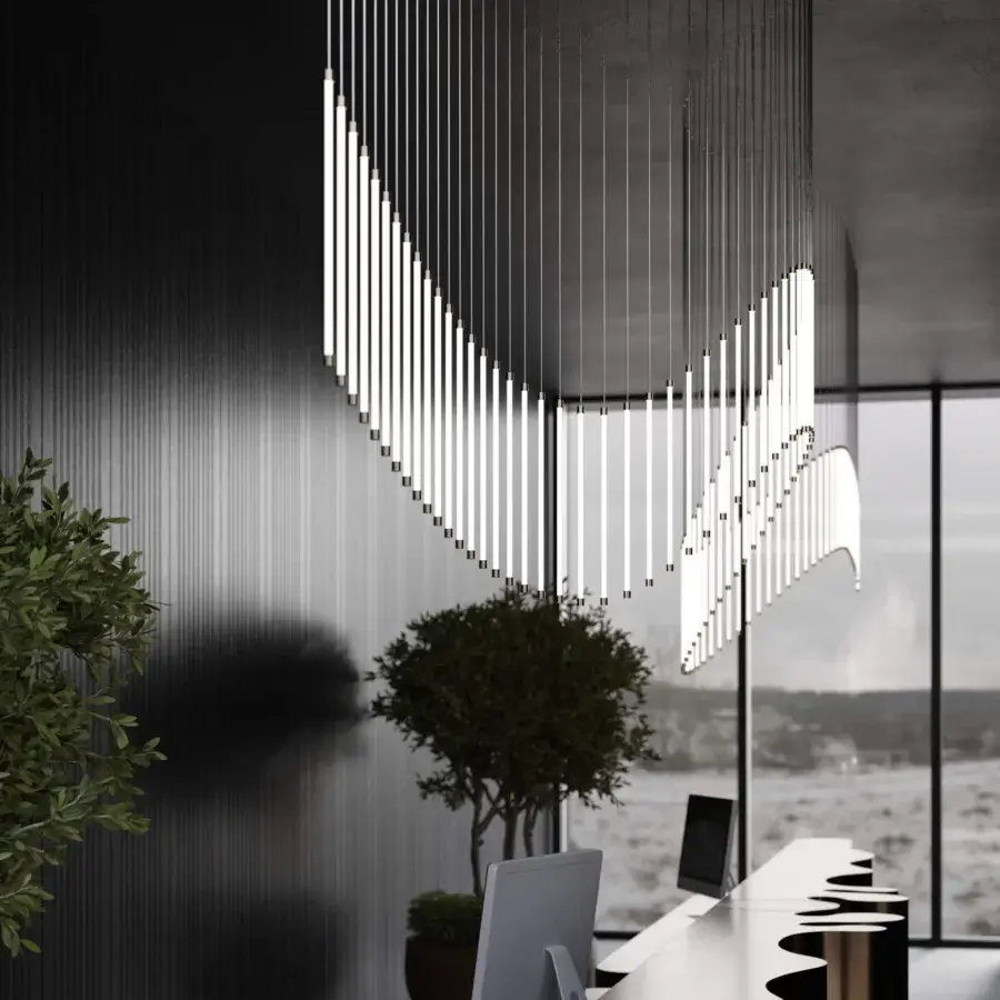 Distinguished Stillux Line 15 suspension lamp with 100 vertical metal LED tubes and a matte finish creating a sweeping silhouette