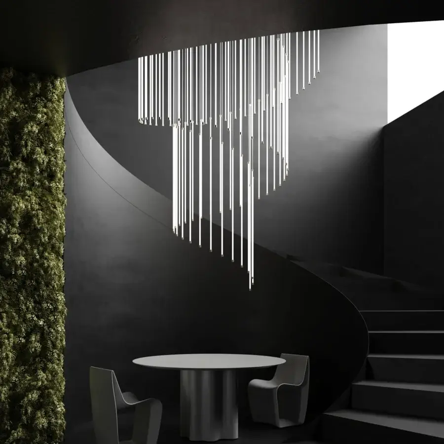 Architectural Stillux Line 16 suspension lamp with seventy-five LED tubes encased in smooth metal establishing a contemporary helical arrangement