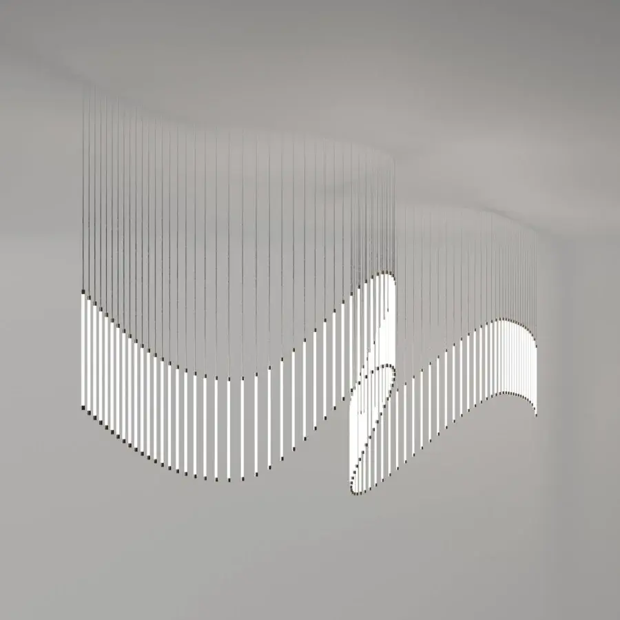 Distinguished Stillux Line 15 suspension lamp with 100 vertical matte metal C50 6W LED tubes and a flowing curvilinear form